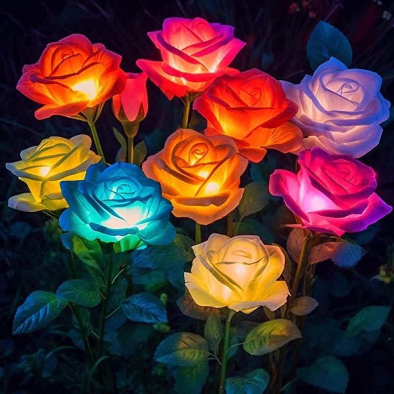 Solar-powered garden stake rose light