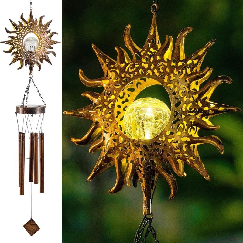 Solar energy, iron art, wind chimes, glass crack ball detail display, led lighting